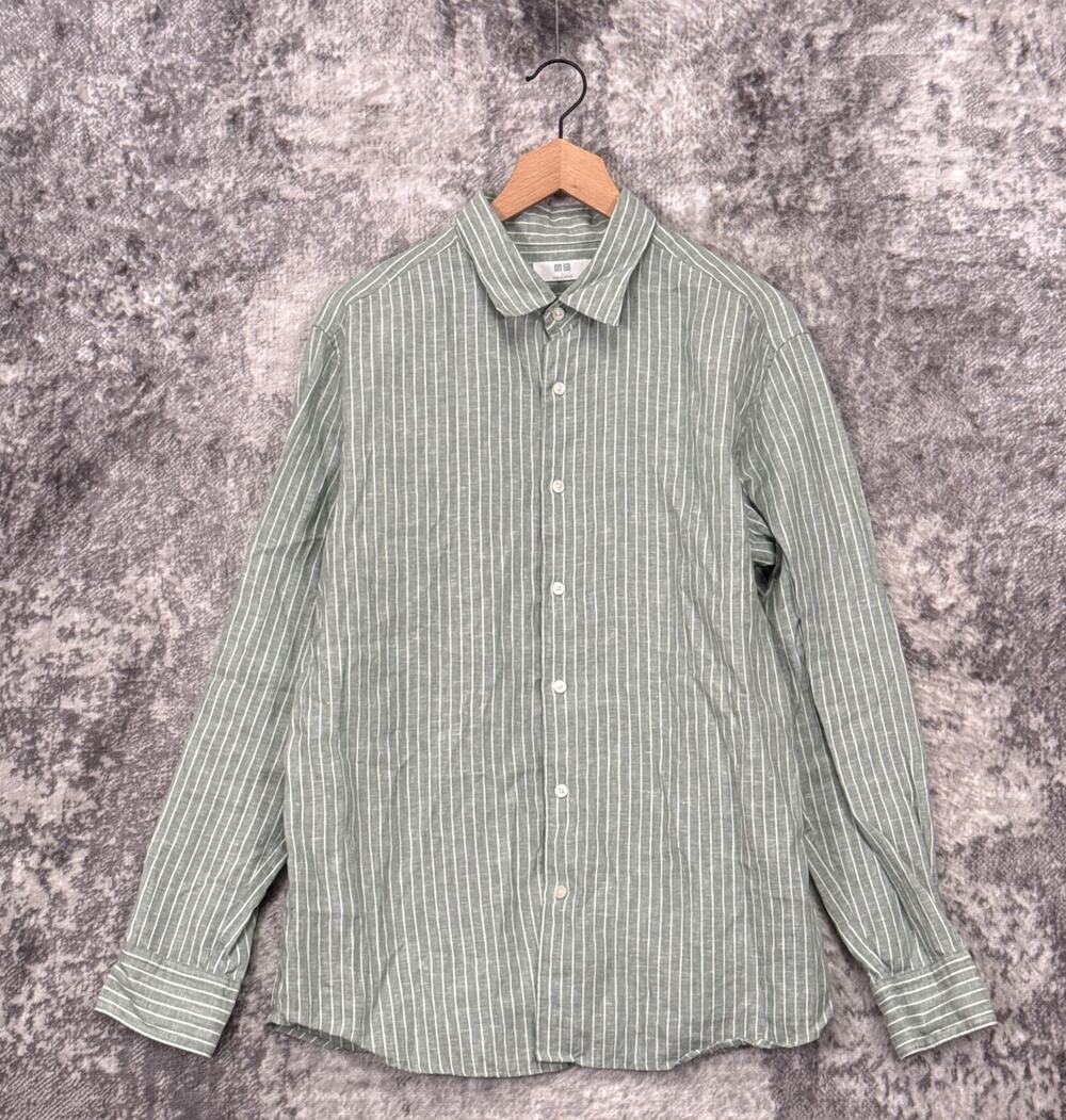 Uniqlo Shirt Large Mens Green Striped Linen Long Sleeve Button Down